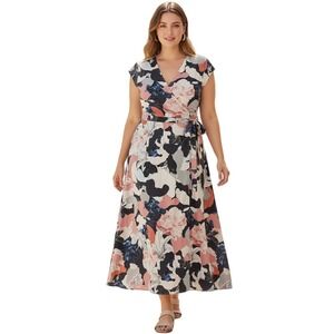 Madison Curvy Wrap Dress Women 2X Multicolor Floral Faux Wrap Midi Cap Sleeve